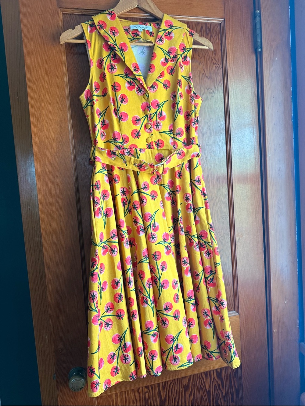 Miss Lulo Yellow Floral Collared Dress with Belt and Pockets